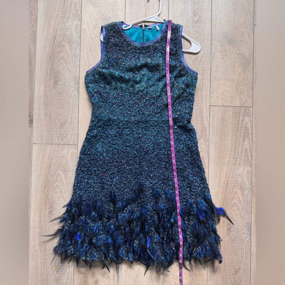 Elie Tahari Lyra Shift Dress Teal-Blue Sleeveless Feather Hem Mini Dress Luxury - Picture 6 of 11